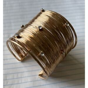 Gold Tone Wire Wrap Rhinestone Cuff Bracelet Bangle Multi Layer